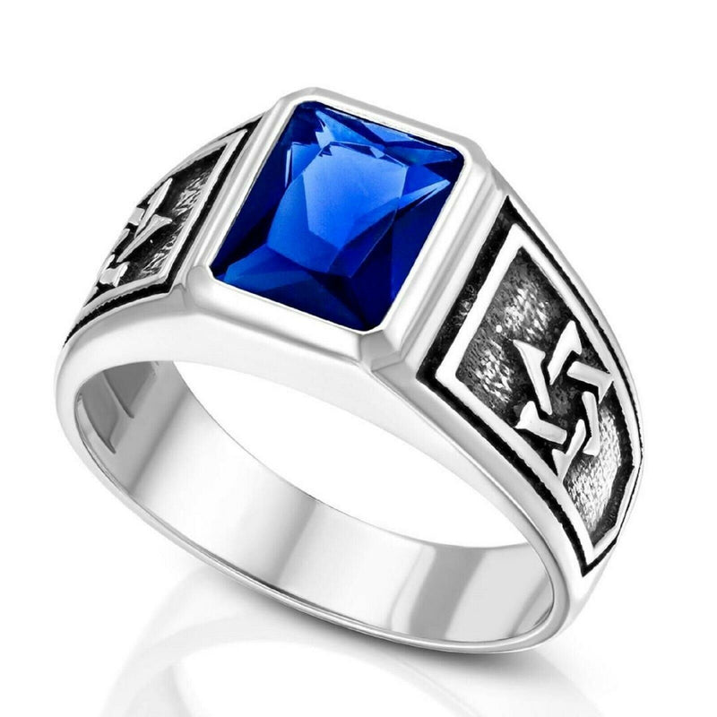 Sterling Silver and Royal Blue Zircon, Men's Star of David College Ring