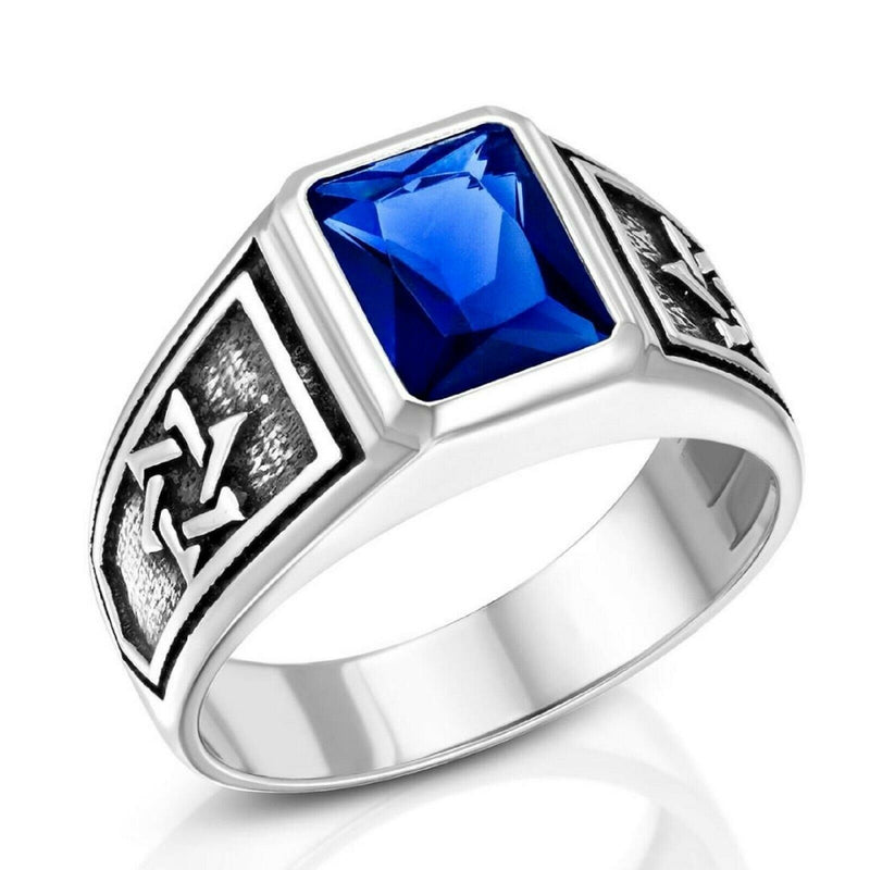 Sterling Silver and Royal Blue Zircon, Men's Star of David College Ring