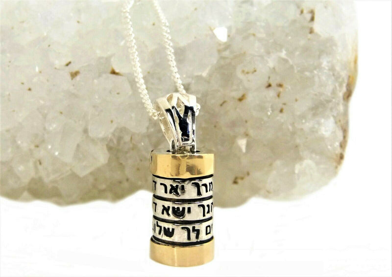 9K Gold and Sterling Silver Spinning Cylinder Necklace with Priestly Blessing