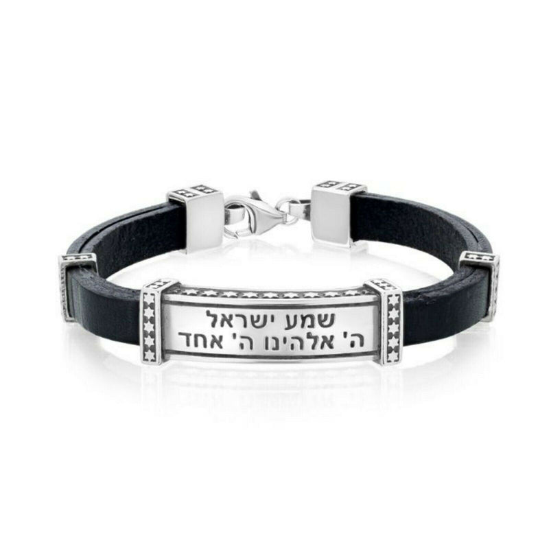 Amaizing Shema Israel: Silver and Leather Bracelet with Stars of David