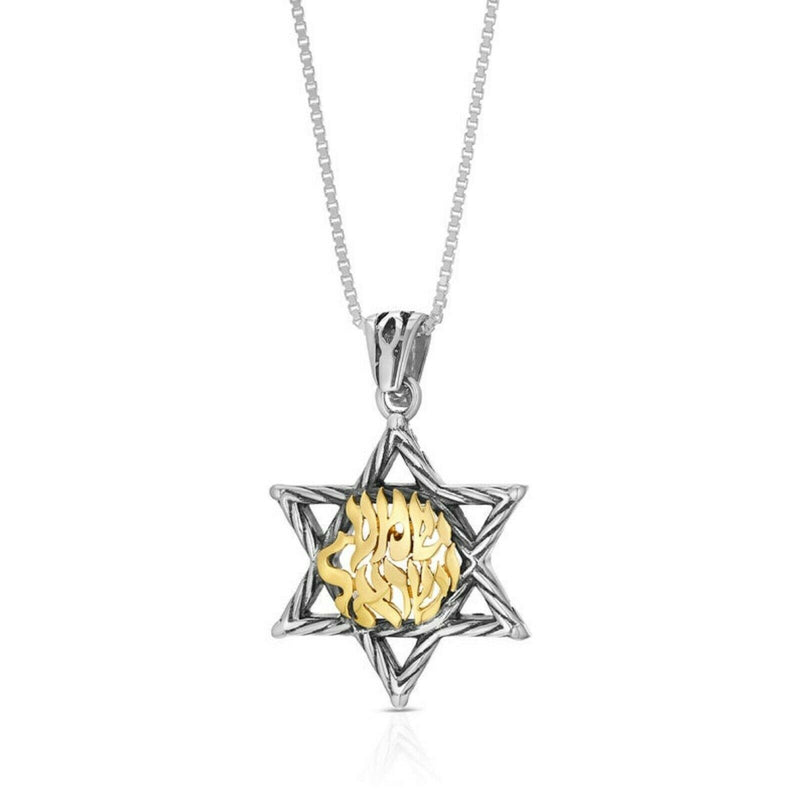 Amaizing 925 Sterling Silver and 9K Gold Star of David & Shema israel Pendant