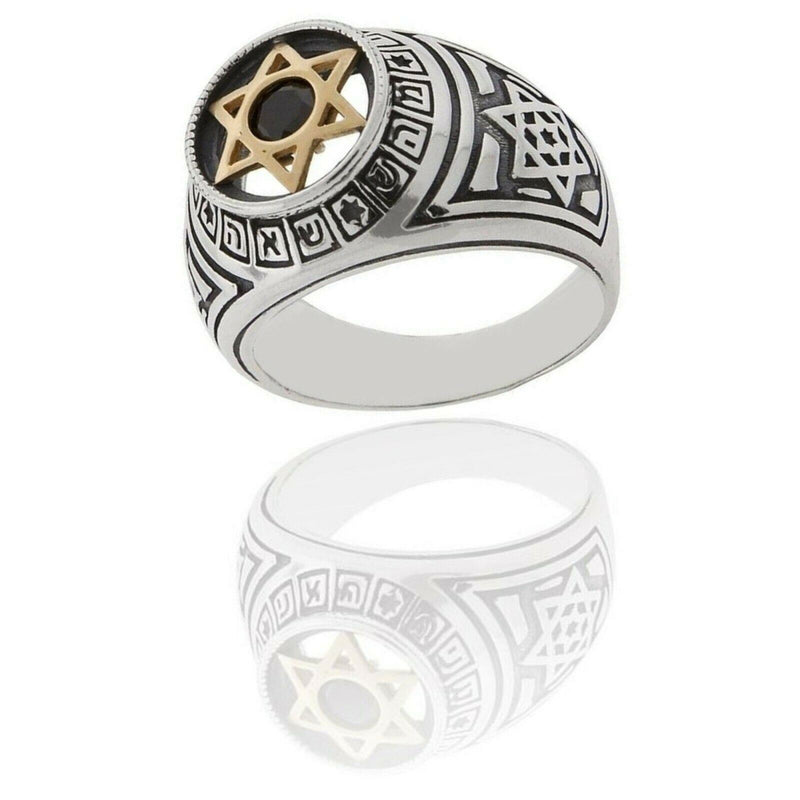 Amaizing Holy Names: Silver & 9k Gold Star of David Signet Ring with Onyx