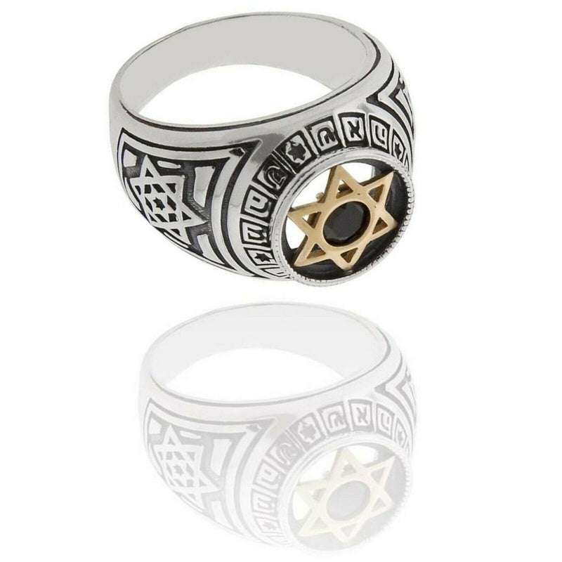 Amaizing Holy Names: Silver & 9k Gold Star of David Signet Ring with Onyx