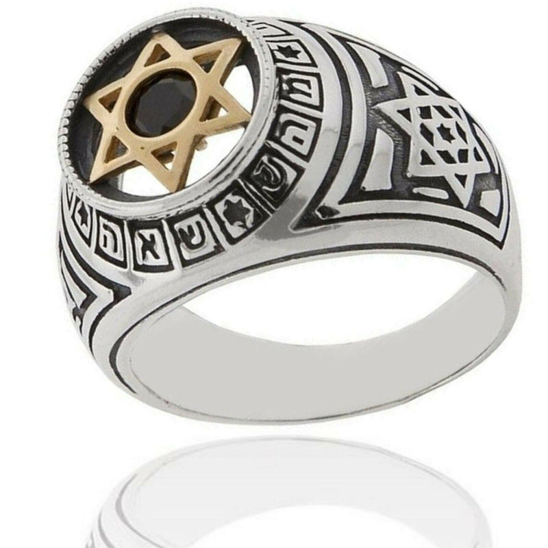 Amaizing Holy Names: Silver & 9k Gold Star of David Signet Ring with Onyx