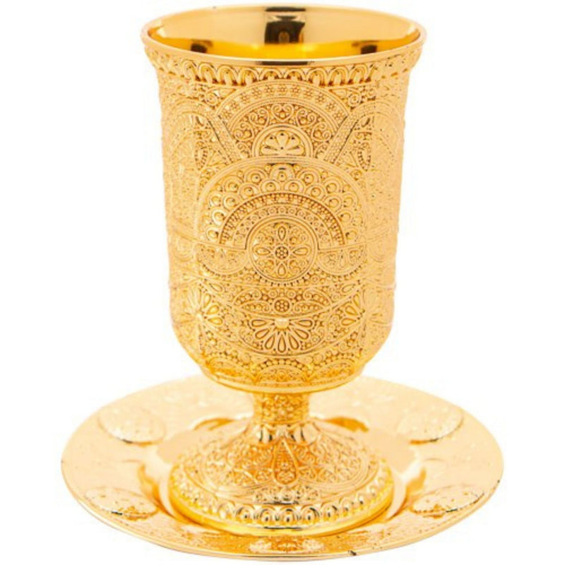 Gold Plated Kiddush Cup 12cm Filigree Goblet & Plate HolyLand judaica Gift new