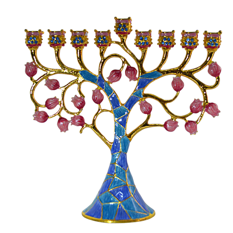 Cohen Tsemach Art & Gift Hand Painted Enamel Menorah Hanukkah Hanukkiah Pomegranate Blue & pink