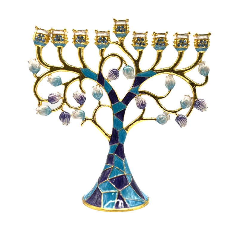 Cohen Tsemach Art & Gift Hand Painted Enamel Menorah Hanukkah Hanukkiah Pomegranate Turquoise