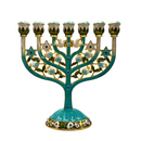 Cohen Tsemach Art & Gift 7 Branch Menorah Candle Holder Crystal Rhinestones Bejeweled Hand-Painted Star of David Enamel Candlesticks Motifs of pomegranates and doves