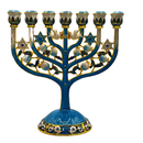 Cohen Tsemach Art & Gift 7 Branch Menorah Candle Holder Crystal Rhinestones Bejeweled Hand-Painted Star of David Enamel Candlesticks Motifs of pomegranates and doves Blue