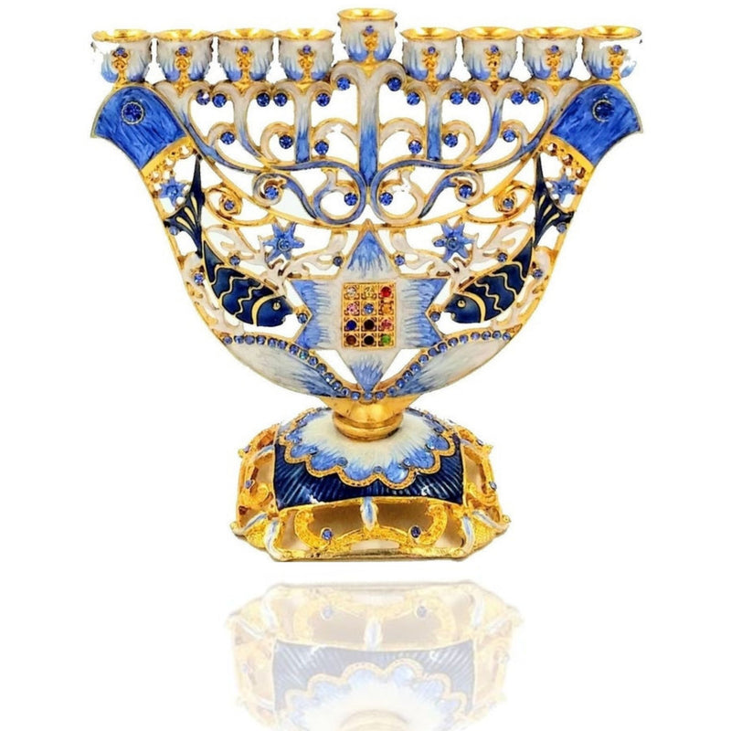 Amazing Gold Plated & Blue Enamel With Zircons Inlay 9 Branch Chanukia Two Doves / Hoshen / Star Of David Hanukkah Menorah From Jerusalem