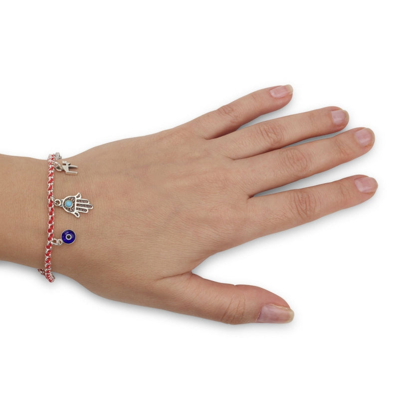 Red Wool Thread String Bracelet With 4 Jewish Judaica Silver 925 Pendant Art Kabbalah Charms: Evil Eye, Chai, Star Of David, Hand Hamsa