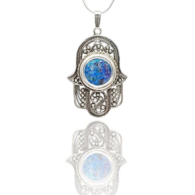 Amazing 925 Sterling Silver Roman Glass Yemenite Filigree Hamsa Pendant Necklace handmade