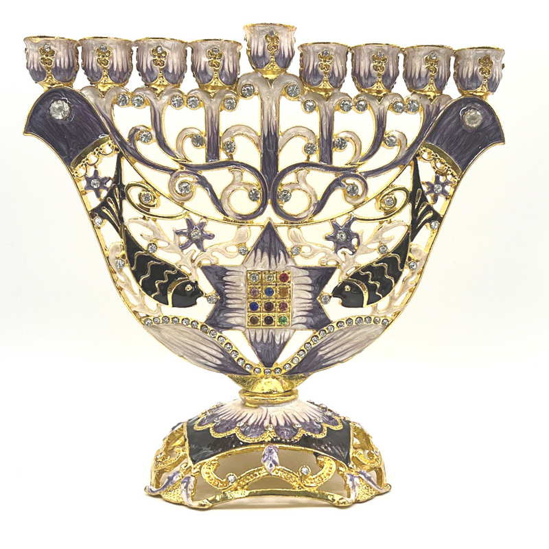 Cohen Tsemach Art & Gift Menorah Hanukkah two doves priestly breastplate purple Gold & Enamel With Zircons Nine Branch Chanukia