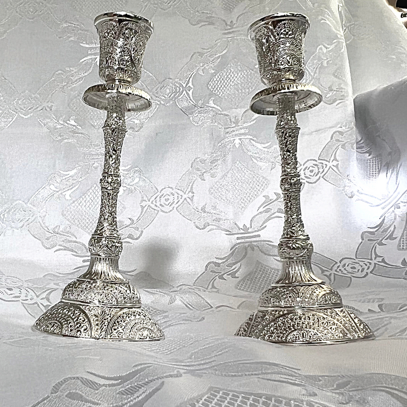 Set Silver Shabbat Candle Holder with Deluxe Engraved Design, Premium Silver Candlestick as Judaica Gift 7.5"