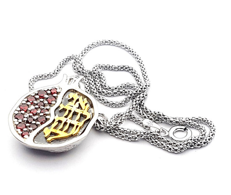 Handmade 925 Silver 9k Gold Ani Le Dodi Pomegranate Pendant Necklace set With Garnets Judaica Gift