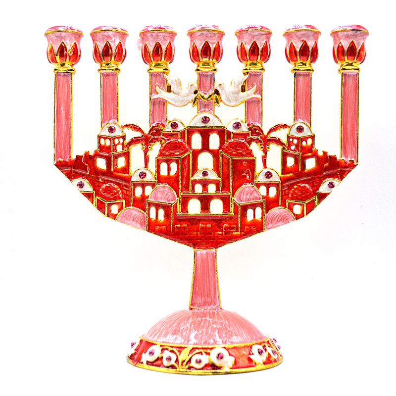 Cohen Tsemach Art & Gift 7 Branch Menorah Candle Holder Jerusalem Hand Painted Crystal Rhinestones Bejeweled