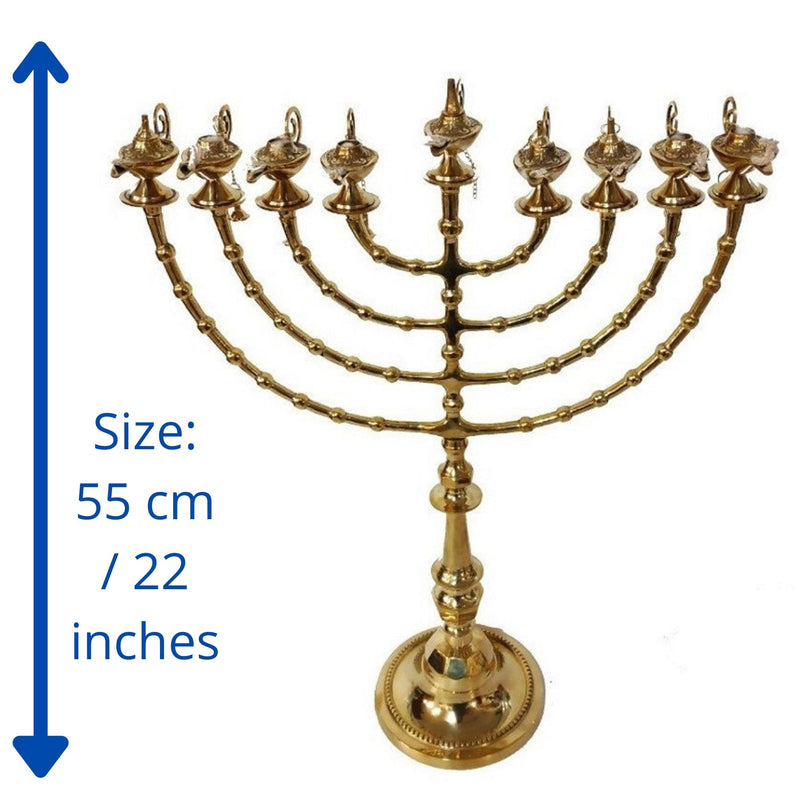 Brass Copper Hand Made Authentic Extra Large 22 Inch / 55 cm Hanukkah Candle Holder With 9 Genie Aladdin Oil Lamp Branches Gift