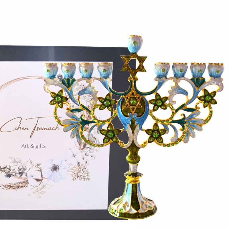 Cohen Tsemach Art & Gift Hand Painted Enamel Menorah Star of David Turquoise Hanukkiah hanukkah