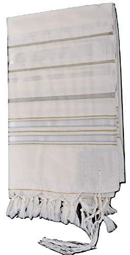 100% Wool Tallit Prayer Shawl in Gold Silver Stripes Size 55" L X 75" W