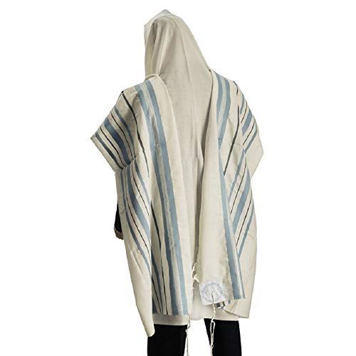 100% Wool Tallit Prayer Shawl in Light Blue Silver Stripes Size 18" L X 72" W