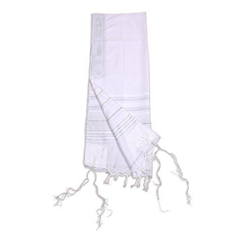 Kosher White Tallit Talis Prayer Shawl acrylic 24"X72" Made Israel silver Stripe