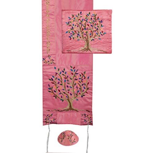 Set Tallit+kippa+Bag Embroidered Silk 16"X70" Emanuel Women Tree of Life Pink