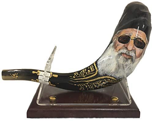 shofar 15"-17" ram horn shofar hand painted very special rabbi ovadia + stand