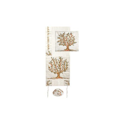 White Raw Silk Yair Emanuel Tallit with Matching Bag and Kippa - Tree of Life