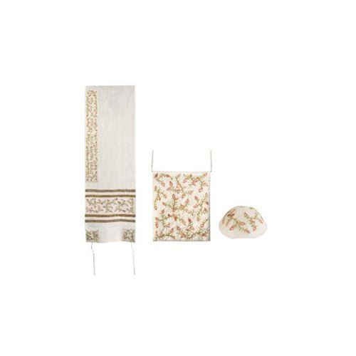 Yair Emanuel Raw Silk Women’s Tallit Set with Pomegranates, Bag and Kippah