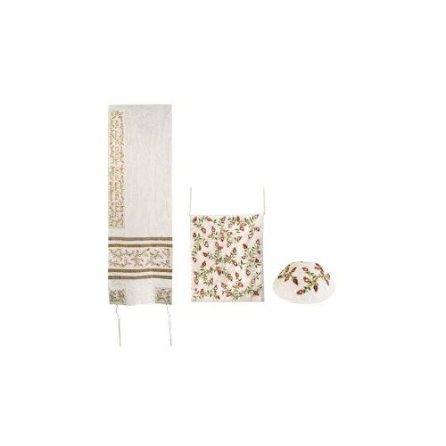 Yair Emanuel Raw Silk Women’s Tallit with Dark Pomegranate Design