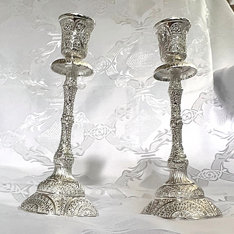 Set Silver Shabbat Candle Holder with Deluxe Engraved Design, Premium Silver Candlestick as Judaica Gift 7.5"