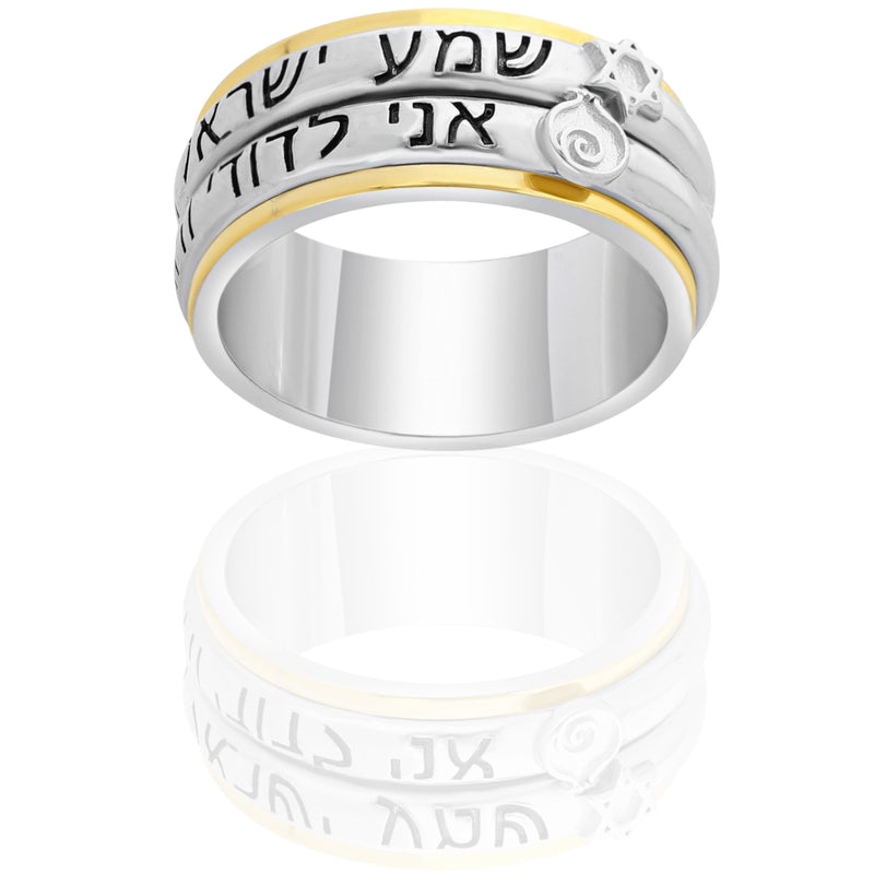 Silver 925 With 18K Gold Shema Israel & Ani Ledodi 2 Spinning Lines Thick Ring With Judaica Spin Symbols King Solomon Gift Ring