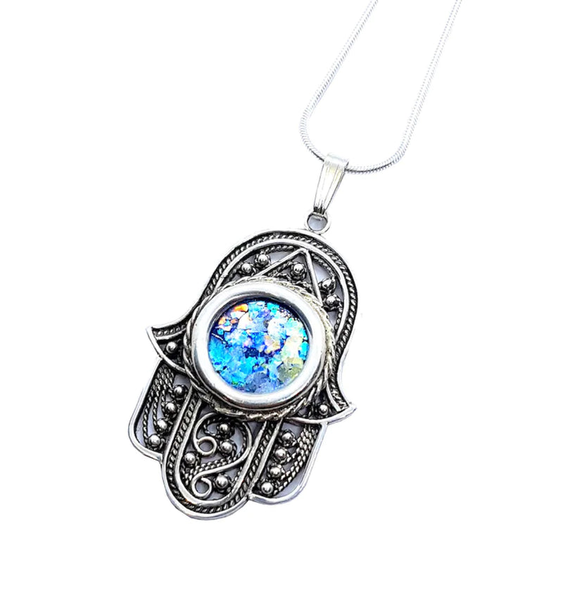 Amazing 925 Sterling Silver Roman Glass Yemenite Filigree Hamsa Pendant Necklace handmade