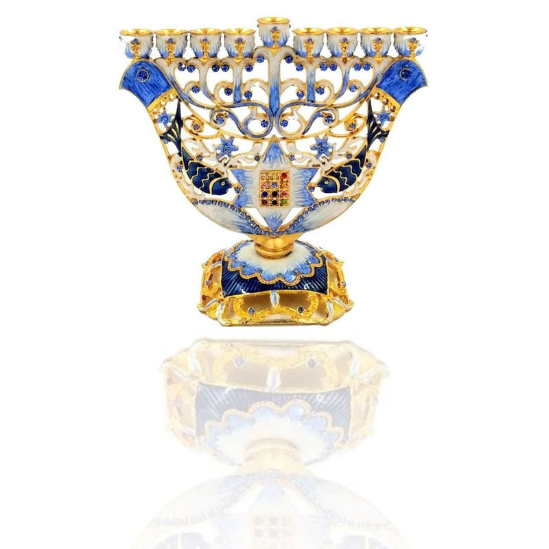Amazing Gold Plated & Blue Enamel With Zircons Inlay 9 Branch Chanukia Two Doves / Hoshen / Star Of David Hanukkah Menorah From Jerusalem