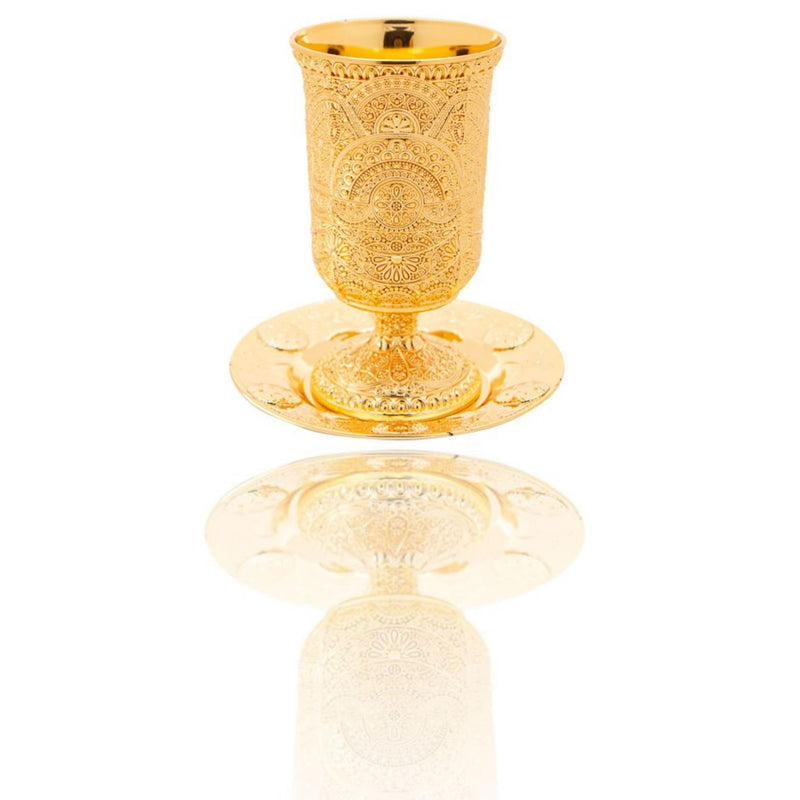 Gold Plated Kiddush Cup 12cm Filigree Goblet & Plate HolyLand judaica Gift new