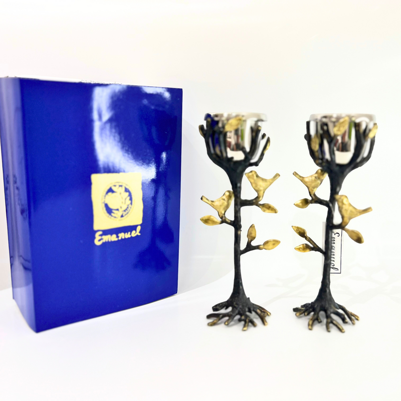 Amazing Yair Emanuel Tree of Life Candlestick Holders for Shabbat and Yom Tov | Unique Sculpted Design Gold Accent Birds