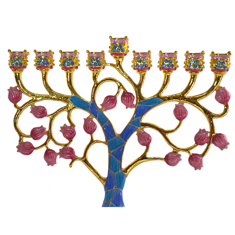 Cohen Tsemach Art & Gift Hand Painted Enamel Menorah Hanukkah Hanukkiah Pomegranate Blue & pink