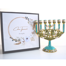 Cohen Tsemach Art & Gift 7 Branch Menorah Candle Holder Jerusalem Hand Painted Crystal Rhinestones Bejeweled Turquoise