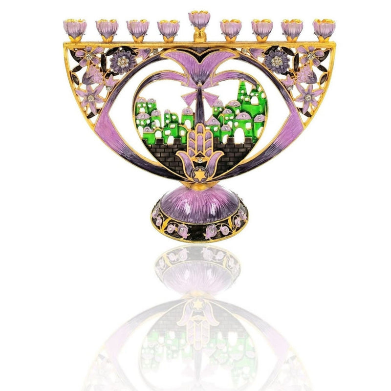 Gold Plated And Purple Enamel Nine Branch Chanikiah Pomegranate & Hamsa Hand Jerusalem Hanukkah Menorah Hanukia From Israel Jerusalem Art