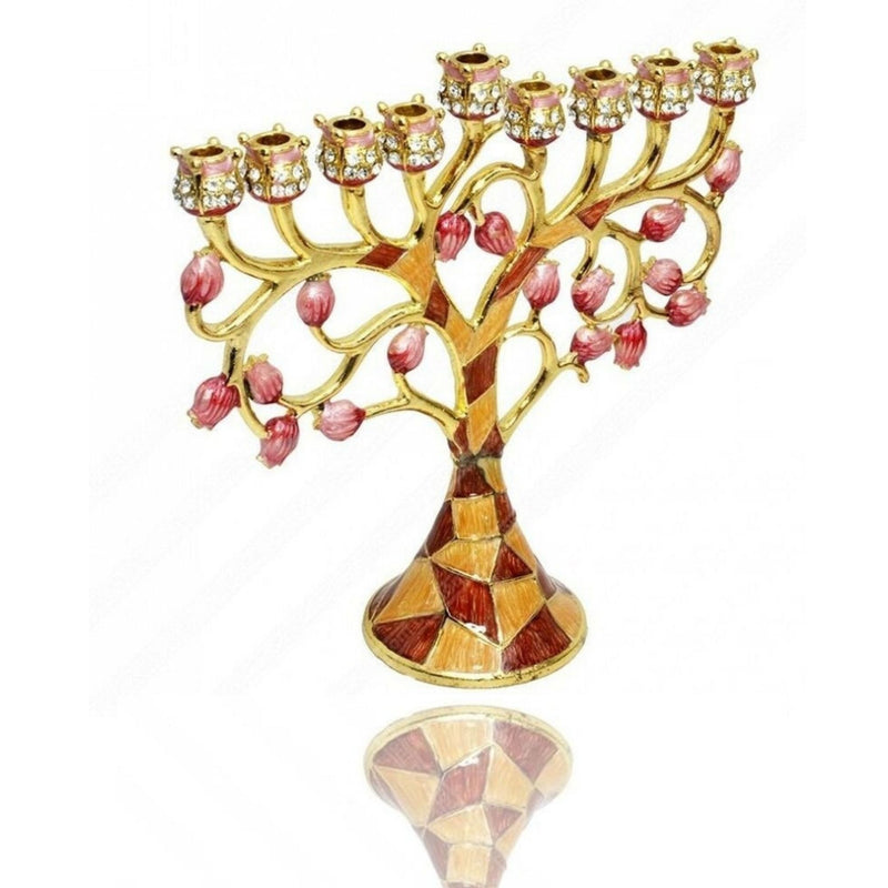 Amazing Gold Plated & Enamel 9 Branch Pomegrante Tree Chanukia Hanukkah Menorah Hanukia From Jerusalem Israel Art