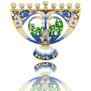 Gold Plated & Blue Enamel Nine Branch Chanukiah Pomegranate / Hand Hamsa Jerusalem Hanukkah Menorah Hanukia From Jerusalem Israel Gift Art