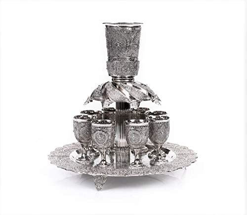 Amaizing Wine Fountain Divider Kiddush & 8 Goblets Filigree Judaica