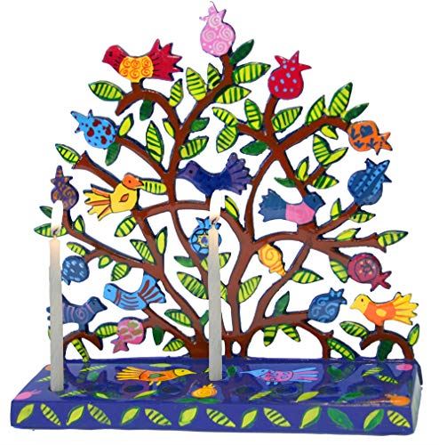 Hanukkah Menorah - Hand Painted Laser Cut - Pomegranates + Birds by yair Emanuel