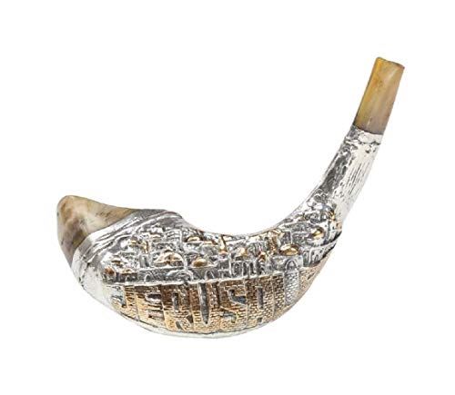 Jerusalem Old City silver plated rams' ram horn shofar 14"-16" kosher Free Stand