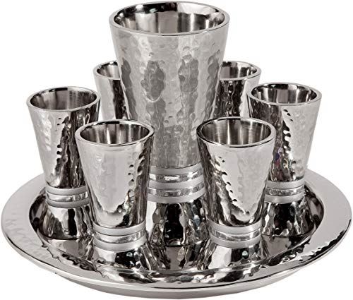 Kiddush Set - Silver Nickel Hamerwork Set 6 Cups & Kiddush Cup by yair emanuel