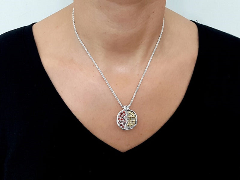 Handmade 925 Silver 9k Gold Ani Le Dodi Pomegranate Pendant Necklace set With Garnets Judaica Gift