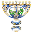 Gold Plated & Blue Enamel Nine Branch Chanukiah Pomegranate / Hand Hamsa Jerusalem Hanukkah Menorah Hanukia From Jerusalem Israel Gift Art