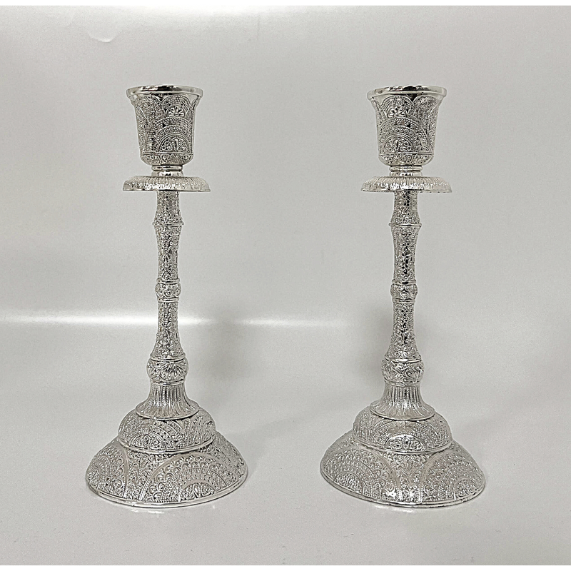 Set Silver Shabbat Candle Holder with Deluxe Engraved Design, Premium Silver Candlestick as Judaica Gift 7.5"