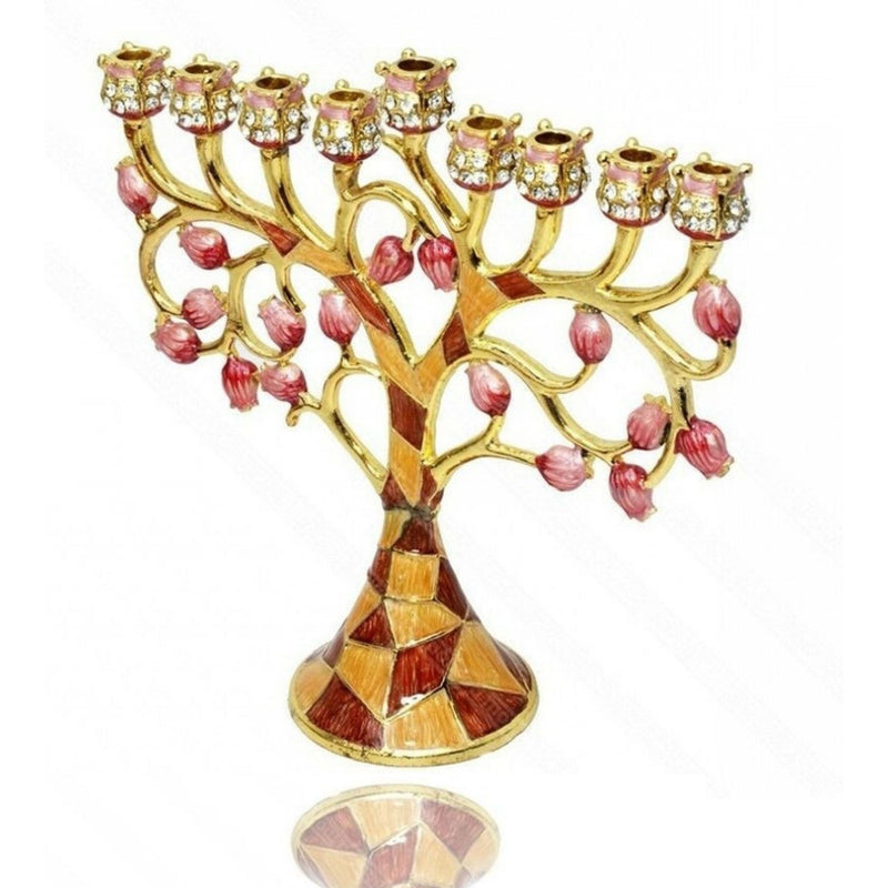 Amazing Gold Plated & Enamel 9 Branch Pomegrante Tree Chanukia Hanukkah Menorah Hanukia From Jerusalem Israel Art