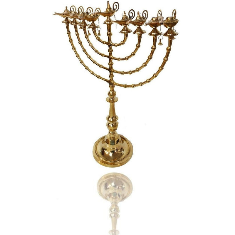 Brass Copper 16 Inch / 40 cm Height Hand Made Large Chnukiah Hanukkah Candle Holder With 9 Genie Aladdin Oil Lamp